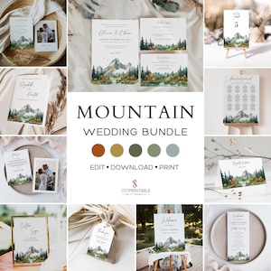 MOUNTAIN WEDDING Invitation BUNDLE Template, Printable Mountain Wedding Stationery Template Bundle, Rustic Mountain Outdoor Pine Tree Bundle