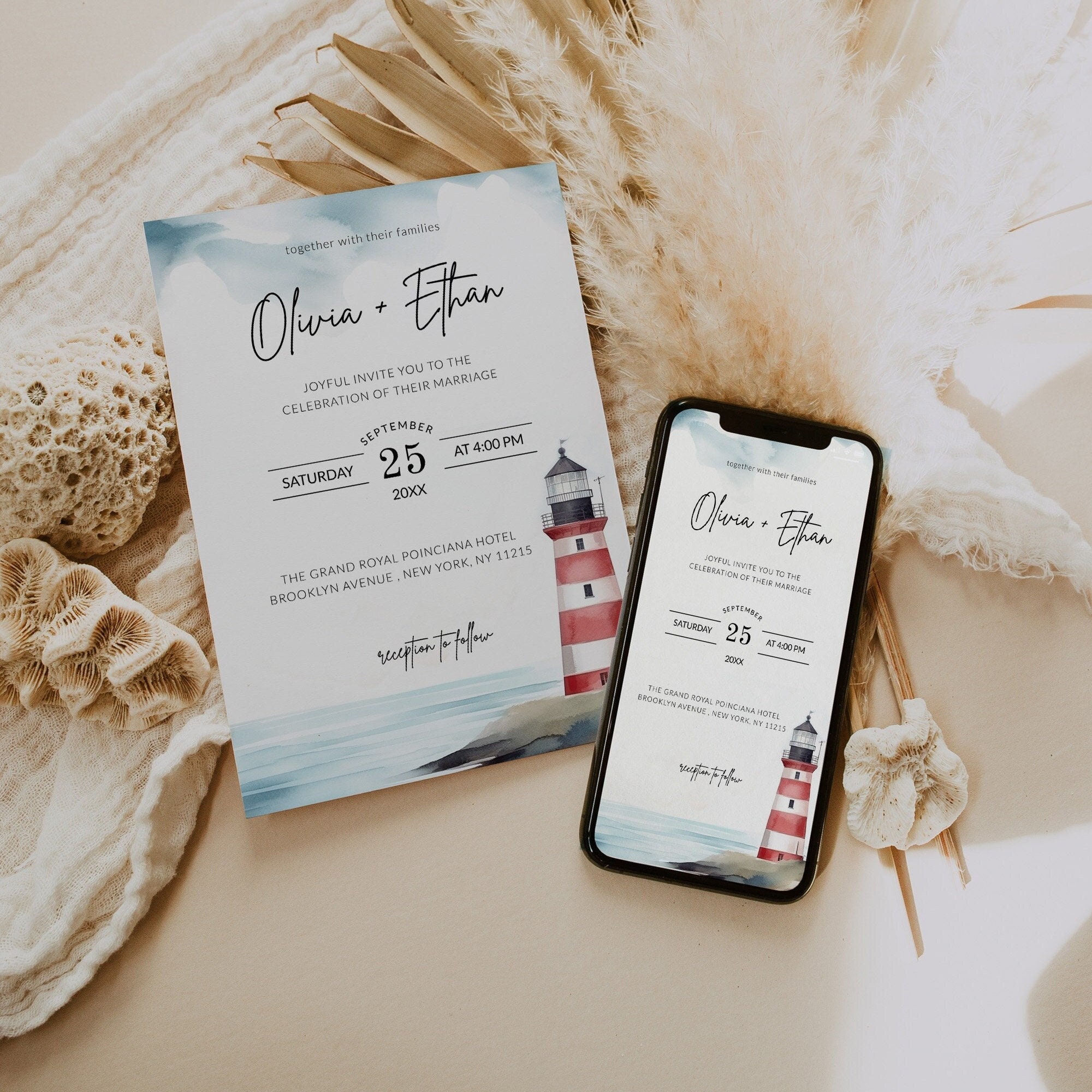 Delicate Dusky Blue Red Lighthouse Wedding Invitation Template, QR Code ...