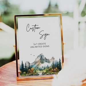Modello di cartello personalizzato per montagna, modello di cartello per tavolo per matrimonio o addio al nubilato rustico stampabile, crea qualsiasi modello di cartello,