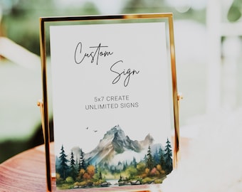 Mountain Custom Sign Template, Printable Rustic Mountain Forest Wedding or Bridal Shower Table Sign Template, Create Any Sign Template,