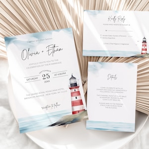 Modello di invito per matrimonio delicato con faro rosso blu scuro, biglietto RSVP, ringraziamento, biglietto con i dettagli, invito elettronico per matrimonio in spiaggia