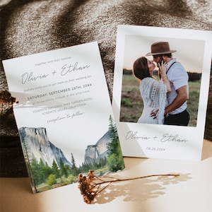 Modèle de faire-part de mariage à destination de la vallée de Yosemite, QR Code RSVP, photo d'invitation de mariage, aquarelle Yosemite National Park Mountain