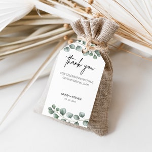 Elegante grüne Eukalyptusblätter Danke Favor Geschenkanhänger Vorlage, Personalisierte Hochzeit Dankeschön Tags, Brautparty Favor Geschenkanhänger