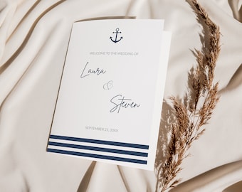 NAUTICAL Wedding Program & Timeline Template, Printable Foldable Wedding Booklet Program, Nautical Anchor and Stripes Wedding Folded Program