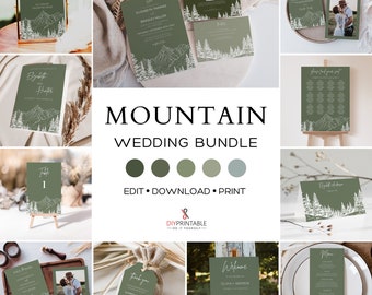 MOUNTAIN WEDDING Invitation BUNDLE Template, Printable Mountain Wedding Stationery Template Bundle, Rustic Mountain Outdoor Woodland Bundle