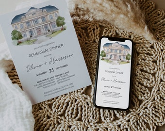 Premade Watercolor Venue Wedding Rehearsal Dinner Invitation Template, Editable Digital Download