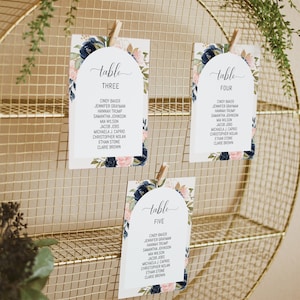 Modèle de cartes de table de mariage avec cadre en arc floral bleu marine et rose poudré, modèle de cartes de table avec table et sièges de table, à essayer avant d'acheter