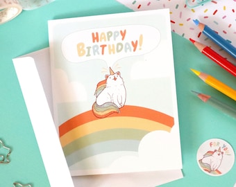 Meowgical Birthday Greeting Card | Cute Rainbow and Caticorn Birthday Card | Envelope and Seal Included