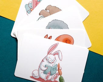Set of 5 Adorable Animal Postcards | 4" x 6" Postcards Perfect for Snail Mail | Cute Animals Reading Postcard Set