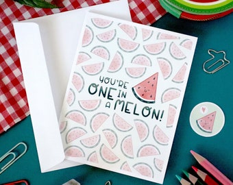 You're One in A Melon Thank You Card | Cute Watermelon Greeting Card | Envelope and Seal Included