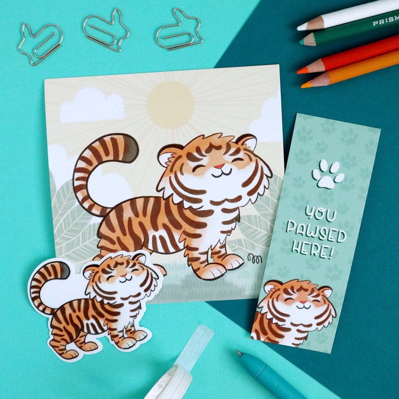 Happy Tiger Theme Pack Cute Tiger Art Print, Mini Bookmark and Sticker Set image 1
