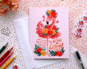 Carte Flamant rose né pour se démarquer | Carte de voeux vierge colorée avec citation du Dr Seuss | Enveloppe et cachet inclus