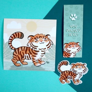 Happy Tiger Theme Pack Cute Tiger Art Print, Mini Bookmark and Sticker Set image 5