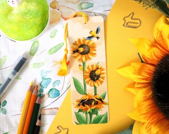 Marque-page roselin d'été avec pampille jaune et bûche de lecture | Cadeau parfait pour le lecteur passionné