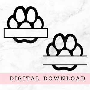 May include: Two black paw print designs with a blank space for text in the middle.  The paw prints are split in half with the text space in the middle.