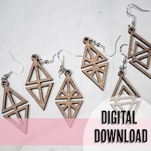 May include: Five pairs of wooden earrings with geometric designs. The earrings are in the shape of a diamond with a smaller triangle inside. The earrings are a light brown color and have silver hooks. The text "DIGITAL DOWNLOAD" is at the bottom of the image.