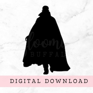 May include: Black silhouette of a person wearing a cape and standing with their arms at their sides.