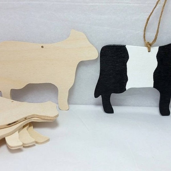 Cow Ornaments, Belted Galloway, wooden Unfinished, DIY party favor, set of 12