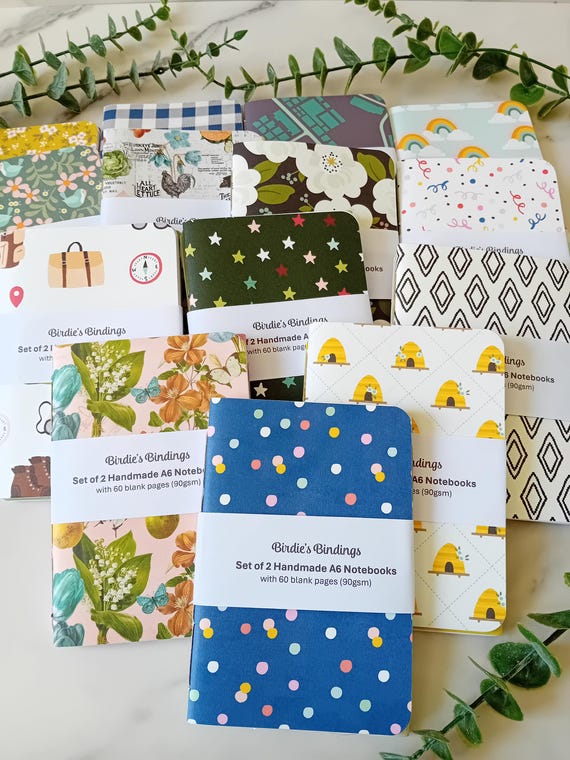Handmade A6 Notebook Set: Patterned & Plain Covers, 90gsm Paper