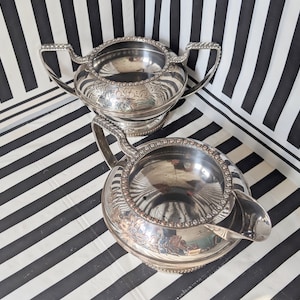 Antique Silver Plated Sugar Bowl and Milk Jug. 1920s. Hand Engraved.