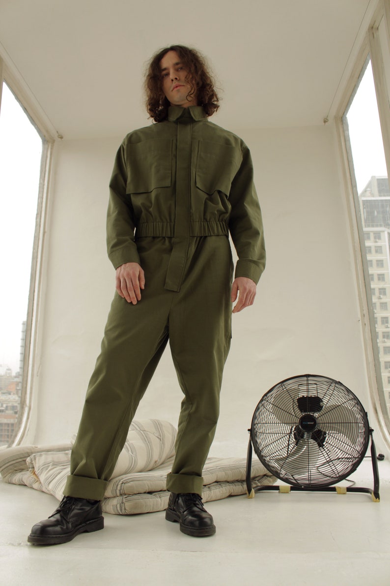 Men khaki cotton overall Jumpsuit with pockets Longsleeve Etsy