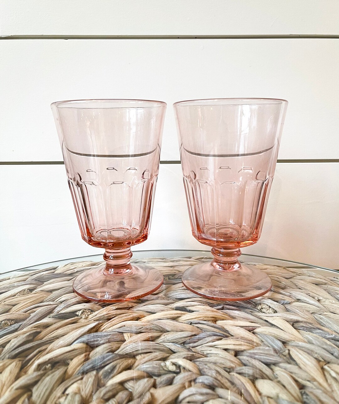 Set Of 2 Vintage Pink Glass Drinking Glasses Pink Footed Etsy