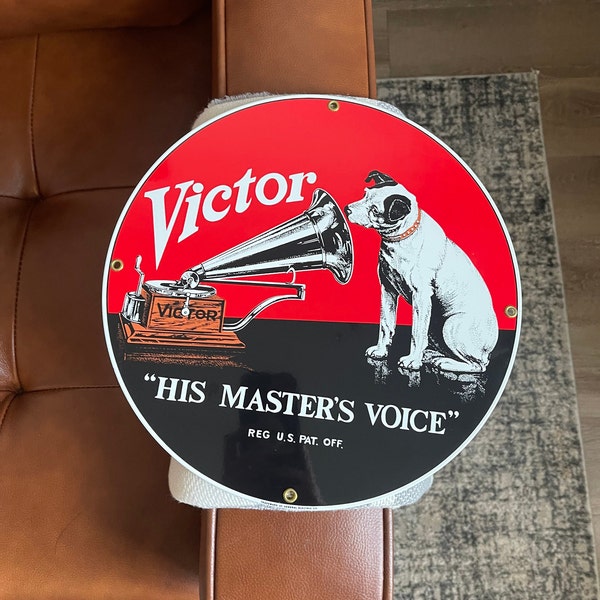 RCA Nipper Victor Record Phonograph Porcelain Sign - His Master's Voice - Retro Decor - Bar Sign