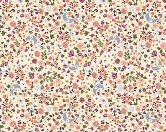 May include: A repeating pattern featuring a cream-colored background with a floral design. The pattern includes pink, orange, and purple flowers, green leaves, blue crescent moons, and gold stars. The overall design is whimsical and delicate.