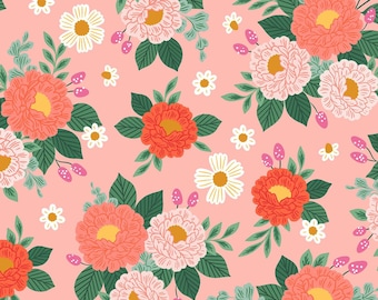 May include: A seamless pattern featuring a floral design with coral, pink, and white flowers, green leaves, and small pink berries on a light pink background. The flowers include peonies and daisies, creating a vibrant and cheerful aesthetic.