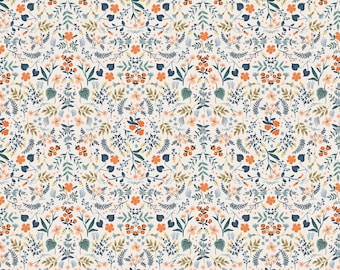 May include: A repeating textile pattern featuring a cream background with a dense arrangement of botanical elements including orange flowers, dark blue leaves, light blue sprigs, and muted green foliage in a symmetrical, intricate layout.
