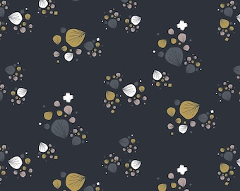 May include: Dark gray background with a repeating pattern of stylized leaf shapes in white, gold, gray, and pink. Small white starbursts and gold squares are scattered throughout the design.
