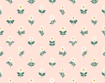 May include: A repeating pattern featuring small white flowers with yellow centers and dark green leaves arranged on a light pink background. The design consists of various daisy-like floral illustrations spaced evenly across the surface.