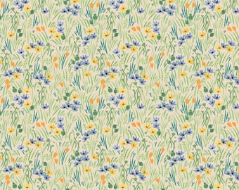 May include: A repeating pattern of wildflowers in a field. The design features blue and yellow flowers, green grass, and orange accents on a cream-colored background. The illustration has a hand-painted aesthetic.