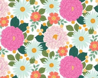 May include: A repeating pattern on a white background featuring large pink and light pink peonies, light blue daisies, and smaller coral-colored flowers. The design includes dark green leaves and small yellow dots scattered throughout the floral arrangement.