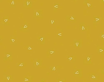 May include: A mustard yellow fabric featuring a repeating pattern of small, white, thin wishbone shapes scattered across the surface. The wishbones are oriented in various directions, creating a consistent and simple graphic design on the textile.
