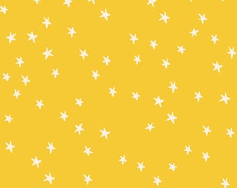 May include: A vibrant mustard yellow background featuring a repeating pattern of small, hand-drawn style white stars scattered across the surface. The stars vary slightly in size and orientation, creating a consistent and dense celestial graphic.