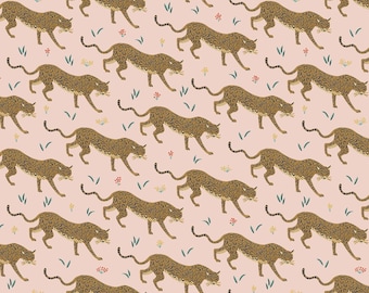 May include: A repeating pattern of stylized leopards in shades of brown and gold, walking across a light pink background. Small green leaves and red and yellow flowers are scattered throughout the design, creating a whimsical, nature-inspired print.