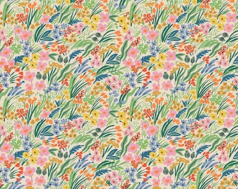 May include: A repeating pattern of colorful wildflowers in shades of pink, yellow, orange, blue, and green on a cream background. The floral design features various flower shapes and sizes, creating a vibrant and lively aesthetic. The pattern is suitable for fabric or wallpaper.
