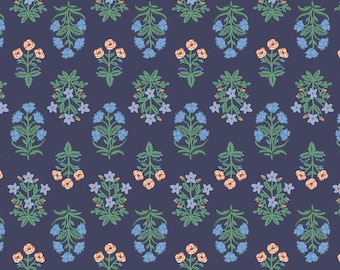 May include: A repeating pattern of stylized floral bouquets in shades of blue, peach, and green on a dark navy background. The design features symmetrical arrangements of flowers and foliage, creating a classic, decorative look.
