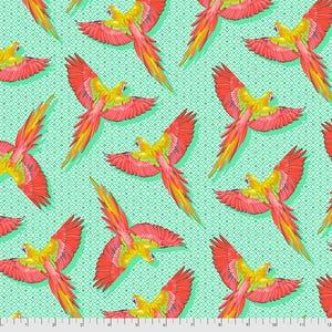 May include: A repeating pattern featuring vibrant parrots with yellow bodies, red wings, and long, colorful tails. The birds are set against a light green background with a geometric design. The parrots are depicted in flight, creating a dynamic and lively design.