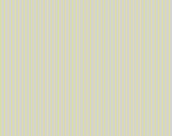 May include: Fabric with vertical stripes in pale yellow and light gray. The stripes are evenly spaced and run the length of the fabric. A ruler is at the bottom of the image, with measurements in inches.