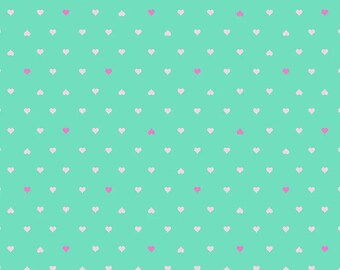 May include: A repeating pattern of small hearts in light pink and hot pink against a teal background. The hearts are evenly spaced, creating a simple, yet visually appealing design. This pattern is suitable for various applications, such as fabric or wallpaper.