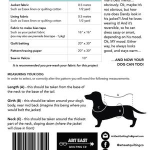 May include: A sewing pattern instruction sheet for a dog jacket, featuring a materials list with measurements in inches and yards, a diagram showing how to measure a dog's length, girth, and neck, and the Art East Quilting Co logo and barcode.