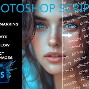 May include: A Photoshop script for batch watermarking images. The script is designed to automate the process of adding watermarks to images, protecting your work and branding. The image shows a woman's face with a watermark overlay.