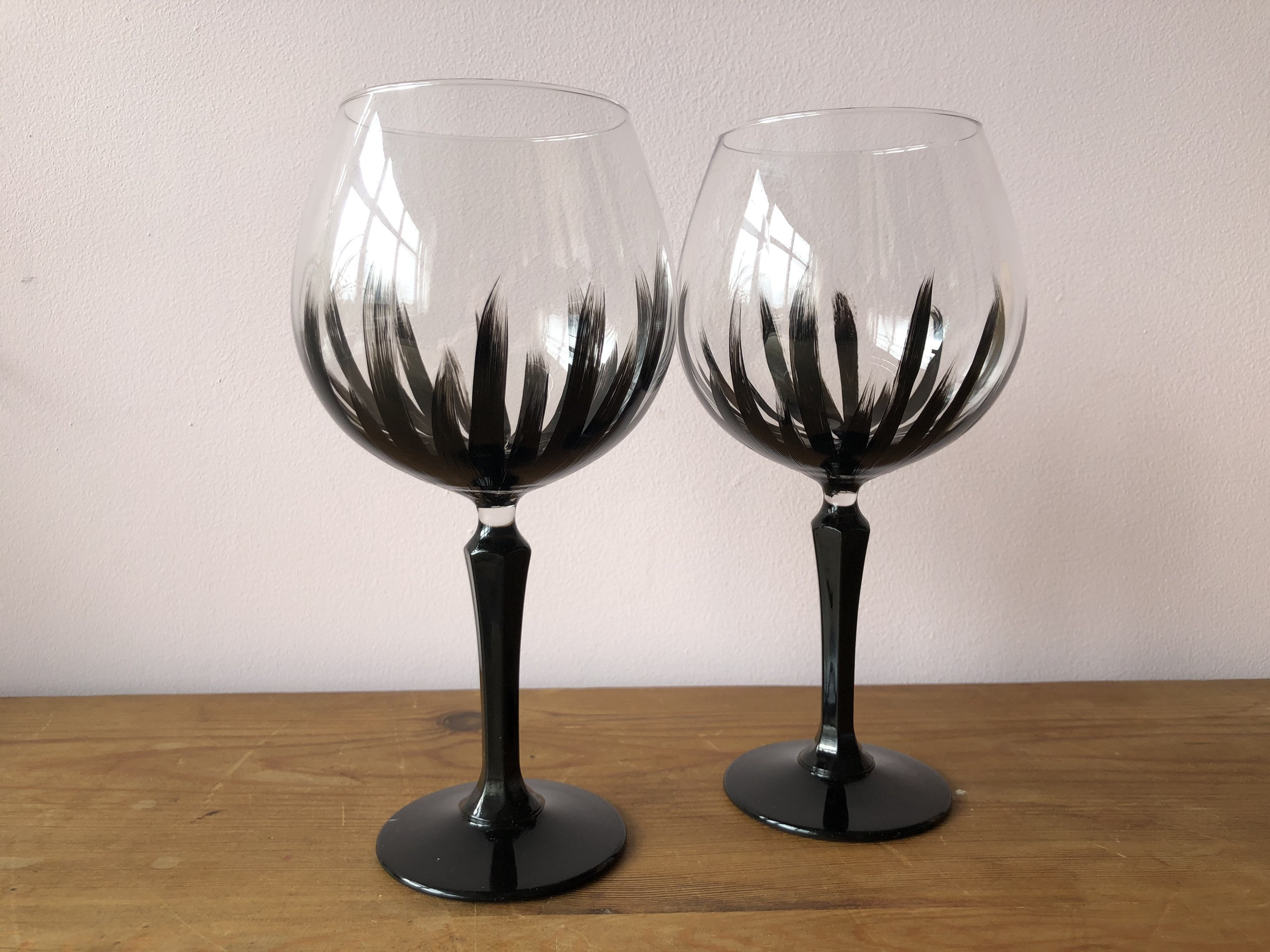 Vintage Style Gin Glass With Black Hand Painted Design and Stem