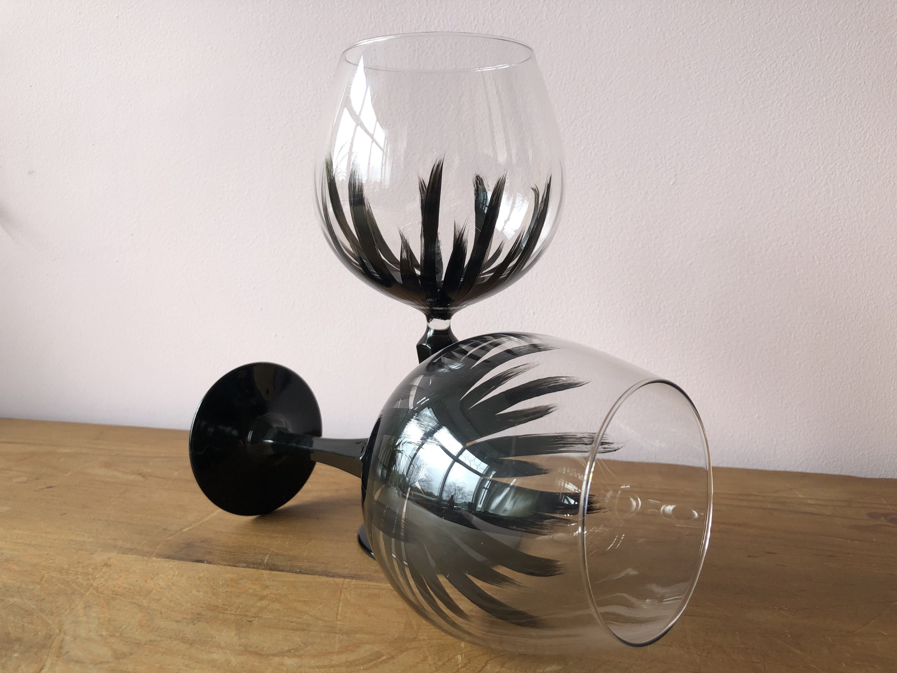 Vintage Style Gin Glass With Black Hand Painted Design and Stem
