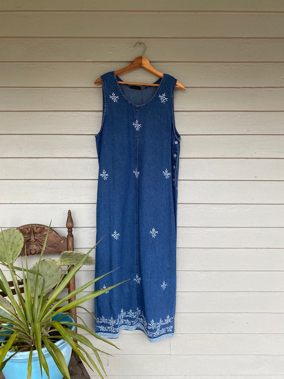 90s Jean dress embroidered// vintage Jean sundress