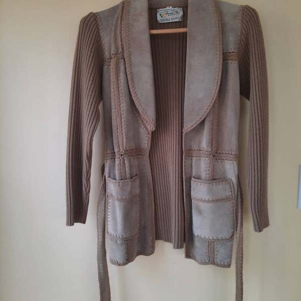 Split Leather 70's Sweater Bee Banff Ltd Knit and Suede Tan Wrap Coat made in Korea