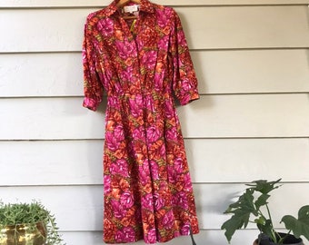 Vintage Fuschia Floral A-Line Belted Dress