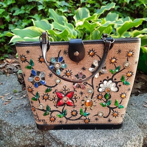 Enid Collins 1960&#39;s Jewel Garden 3 Top Handle Canvas Bucket Bag Purse